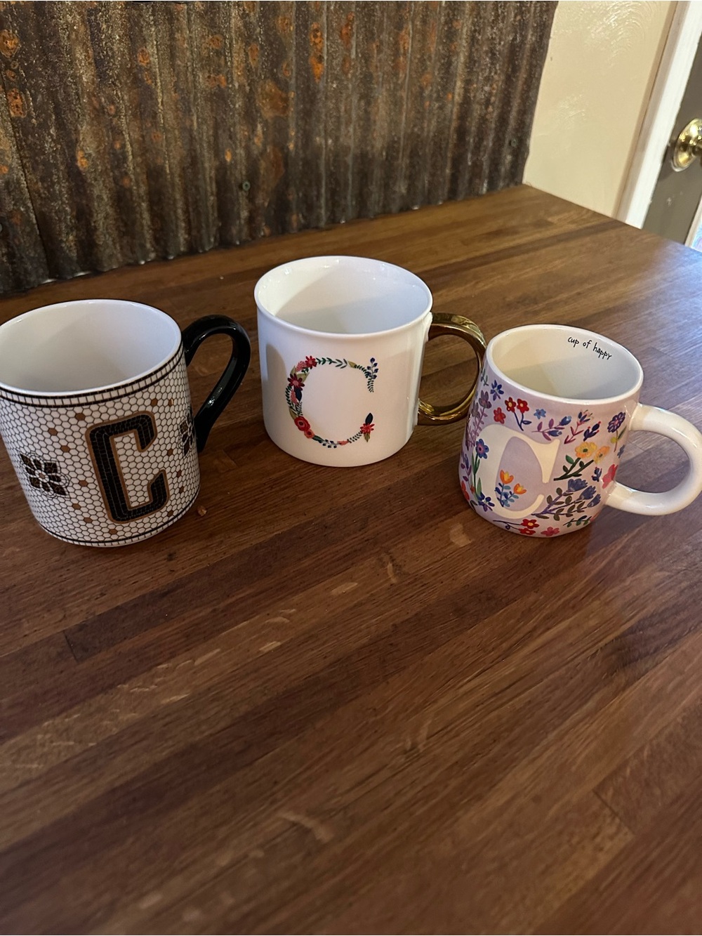 Anthropologie Floral Monogram Mugs in White, Cream, and Gold-Handled White